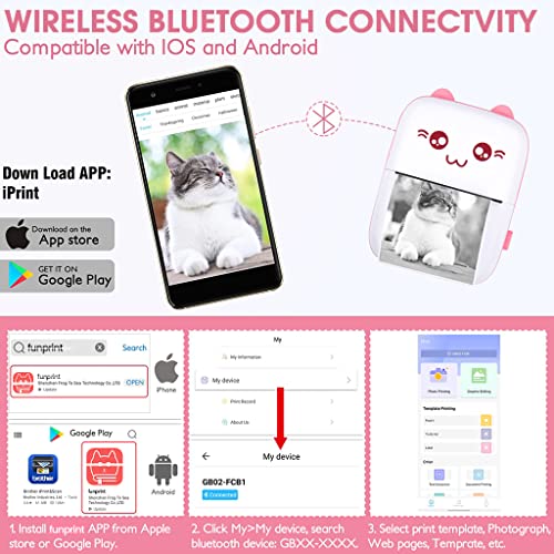 ZORBES Mini Printer, Small Pocket Printer Black and White Printing Bluetooth Thermal Printer Compatible with iOS, Android, Portable Printer with 6 Rolls Printing Paper for Notes, Memos, DIY - Pink ZORBES Mini Printer, Small Pocket Printer Black and White Printing Bluetooth Thermal Printer Compatible with iOS, Android, Portable Printer with 6 Rolls Printing Paper for Notes, Memos, DIY - Pink